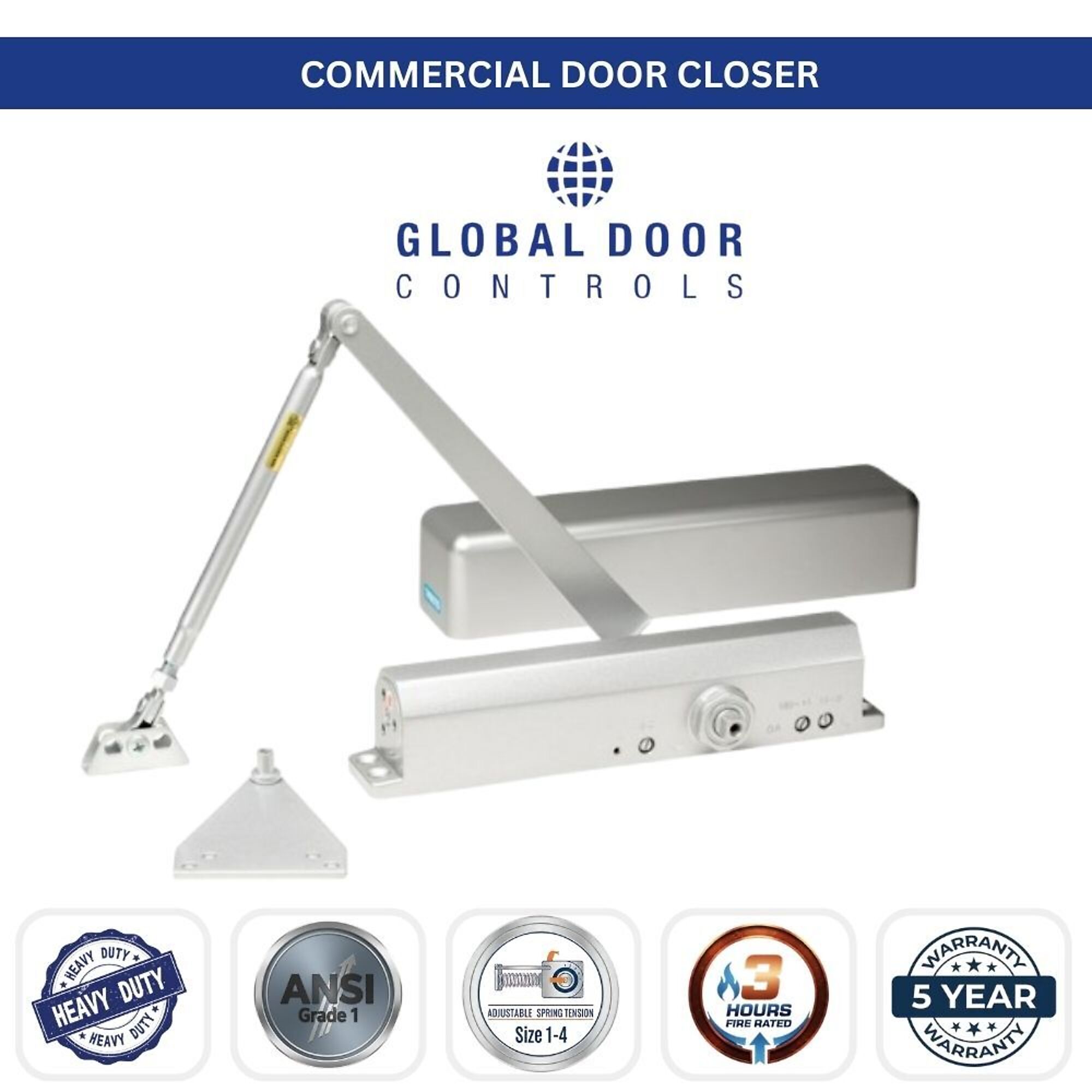 Global Door Controls, Commercial Grade 1 Full Cover Door Closer in Aluminum with Adjustable Power - Sizes 1-4, #TC611-AL